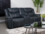 Sloane Blue Upholstered Motion Reclining Loveseat with Console from Coaster - Luna Furniture