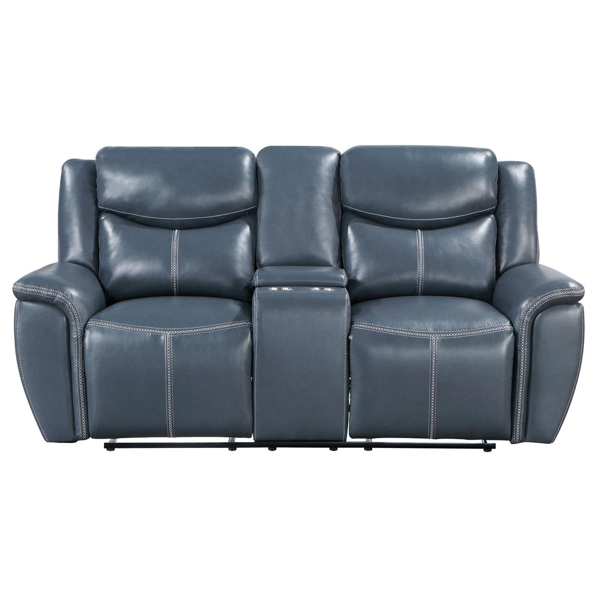 Sloane Blue Upholstered Motion Reclining Loveseat with Console from Coaster - Luna Furniture
