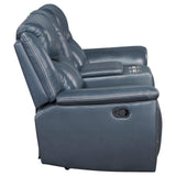 Sloane Blue Upholstered Motion Reclining Loveseat with Console from Coaster - Luna Furniture