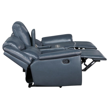 Sloane Blue Upholstered Motion Reclining Loveseat with Console from Coaster - Luna Furniture