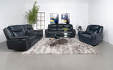 Sloane Blue Upholstered Motion Reclining Loveseat with Console from Coaster - Luna Furniture