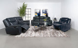 Sloane Blue Upholstered Motion Reclining Loveseat with Console from Coaster - Luna Furniture