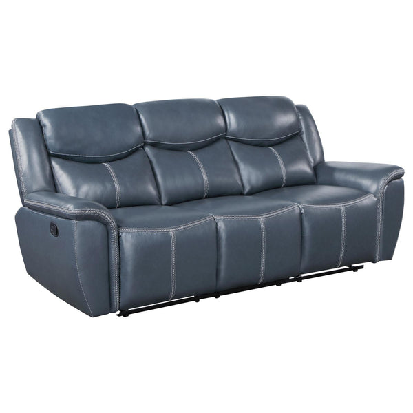 Sloane Blue Upholstered Motion Reclining Sofa with Drop Down Table
