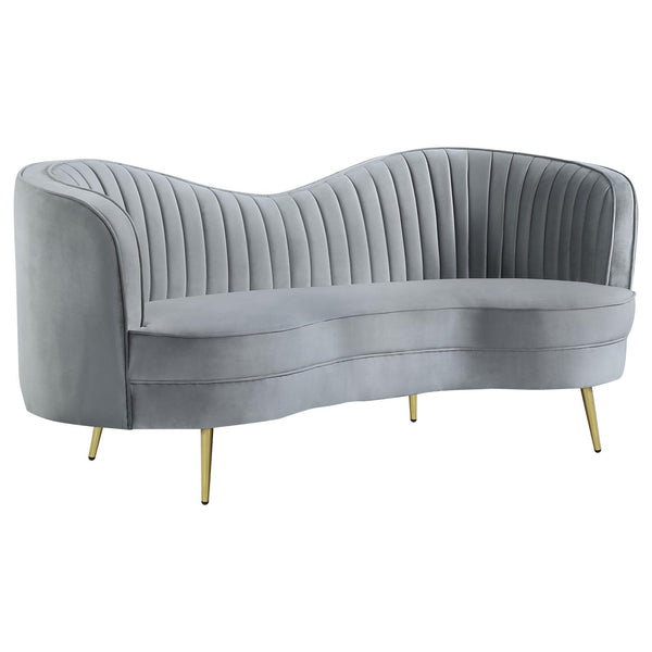 Sophia Gray and Gold Upholstered Loveseat with Camel Back