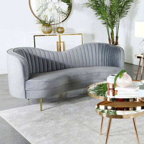 Sophia Gray and Gold Upholstered Loveseat with Camel Back from Coaster - Luna Furniture