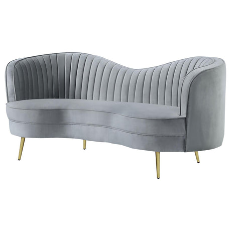 Sophia Gray and Gold Upholstered Loveseat with Camel Back from Coaster - Luna Furniture