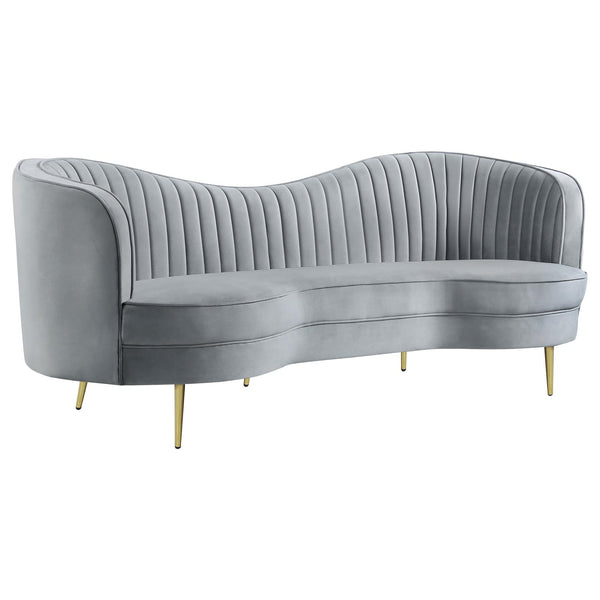 Sophia Gray and Gold Upholstered Sofa with Camel Back