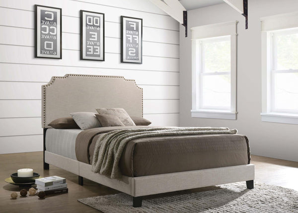 Tamarac Beige Upholstered Nailhead Eastern King Bed