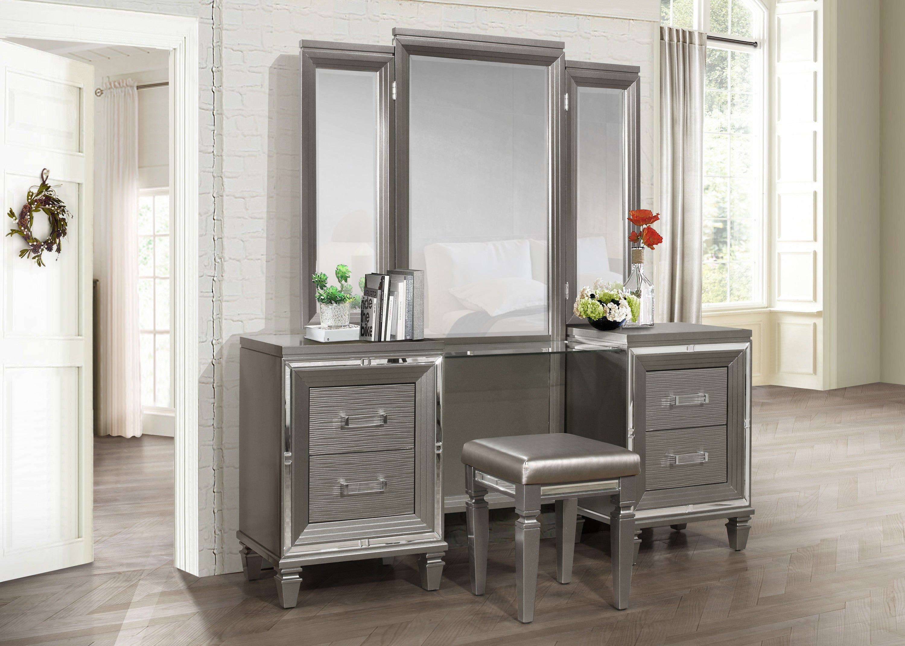 Homelegance Tamsin Silver Gray Metallic Vanity Homelegance Tamsin Silver Gray Metallic Vanity