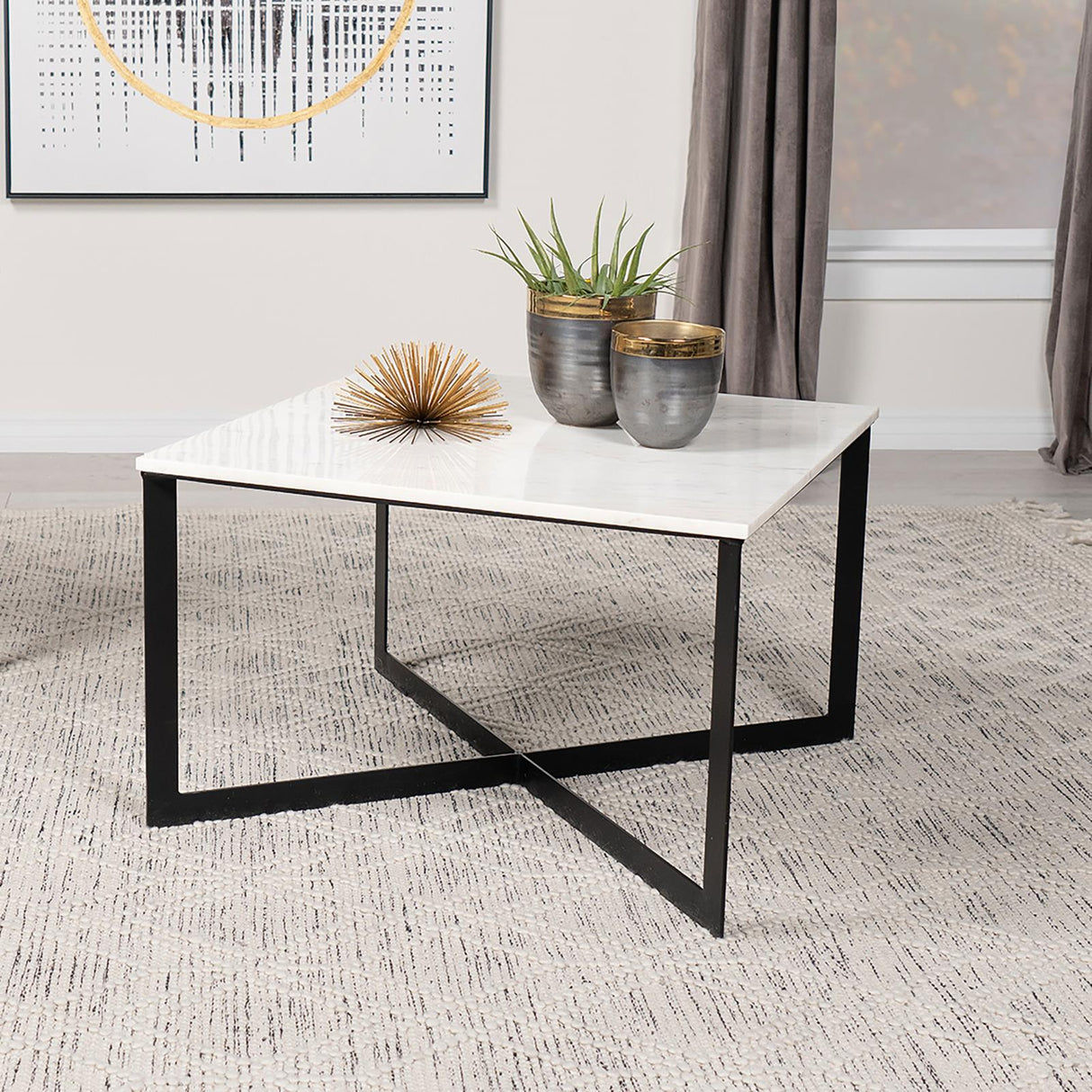 Tobin White and Black Square Marble Top Coffee Table from Coaster - Luna Furniture