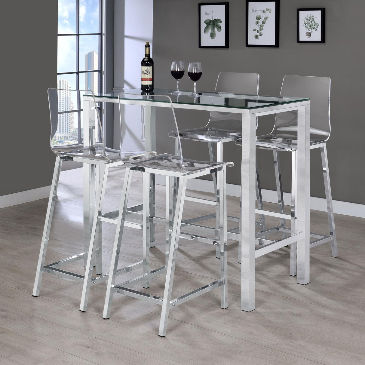 Tolbert Clear and Chrome 5-Piece Bar Set with Acrylic Chairs from Coaster - Luna Furniture