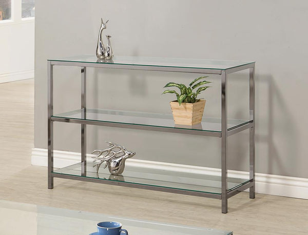 Trini Black Nickel Sofa Table with Glass Shelf