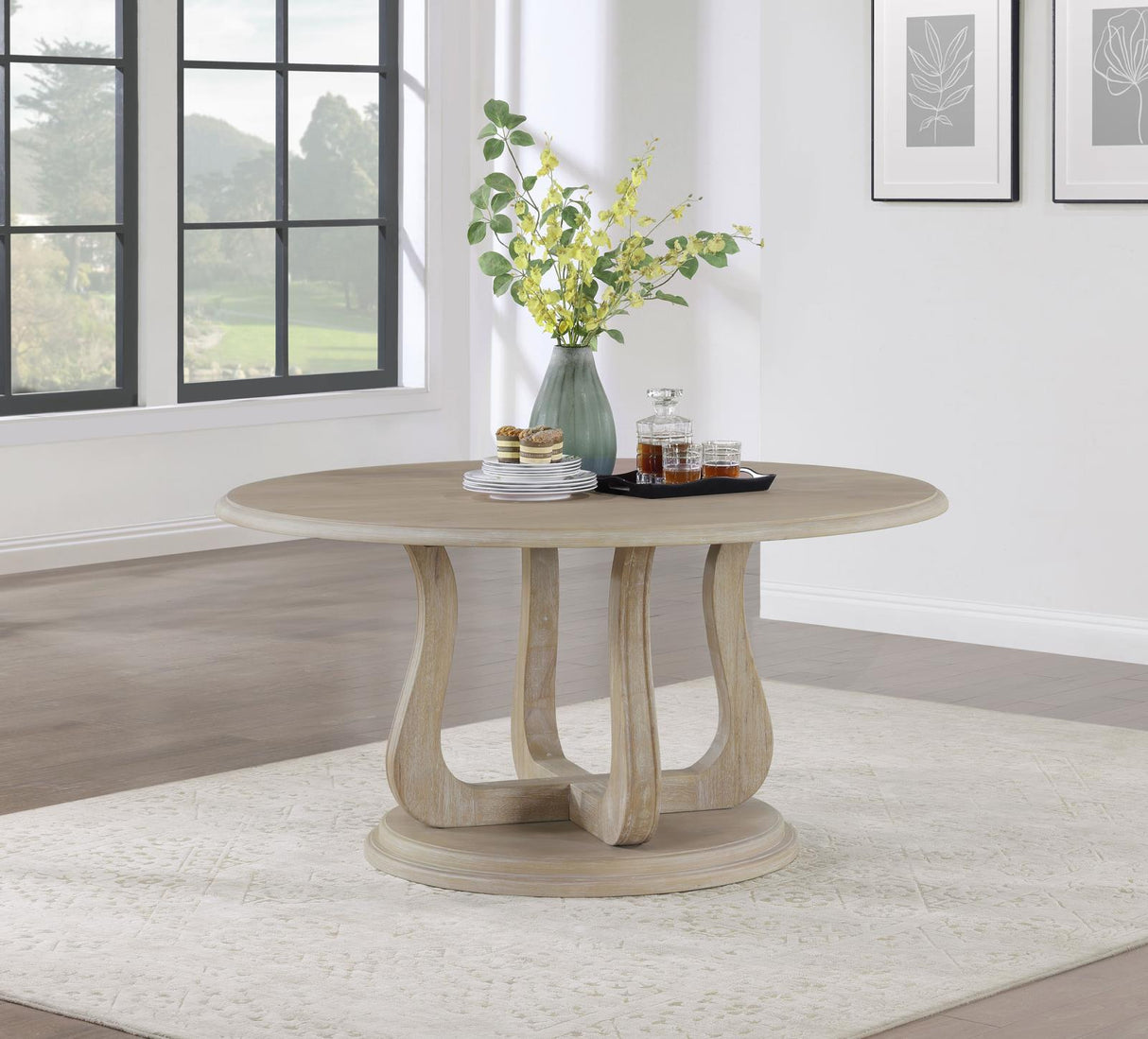 Trofello White Washed Round Dining Table with Curved Pedestal Base from Coaster - Luna Furniture