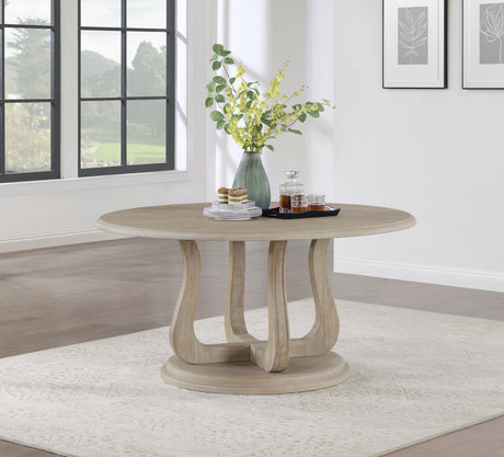 Trofello White Washed Round Dining Table with Curved Pedestal Base from Coaster - Luna Furniture