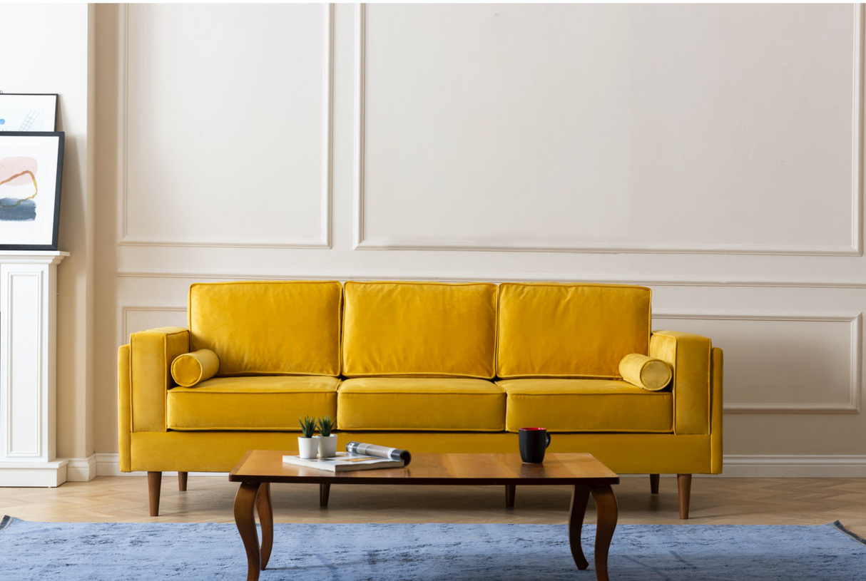 Troya Mustard Velvet Sofa With Reversible Cushions from Luna Furniture - Luna Furniture