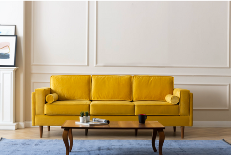 Troya Mustard Velvet Sofa With Reversible Cushions from Luna Furniture - Luna Furniture