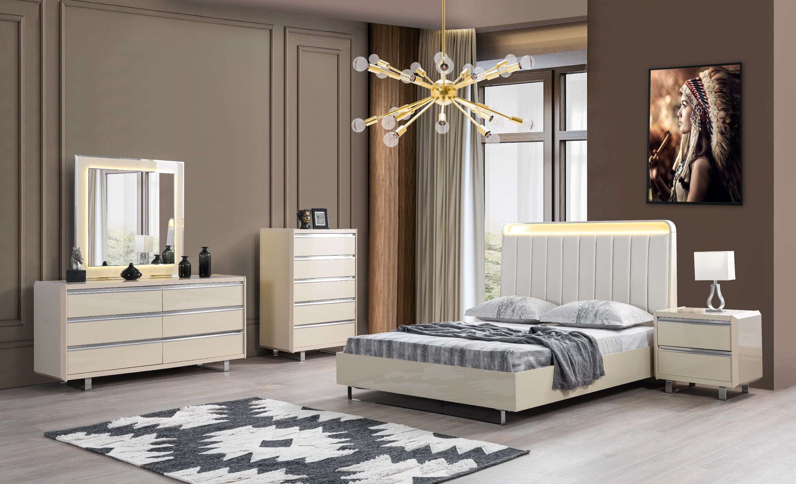 Viola Cream High Gloss Lacquer 4-Piece Queen Bedroom Set – Luna