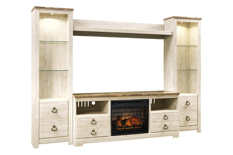 Willowton Whitewash 4-Piece Entertainment Center with Electric Fireplace