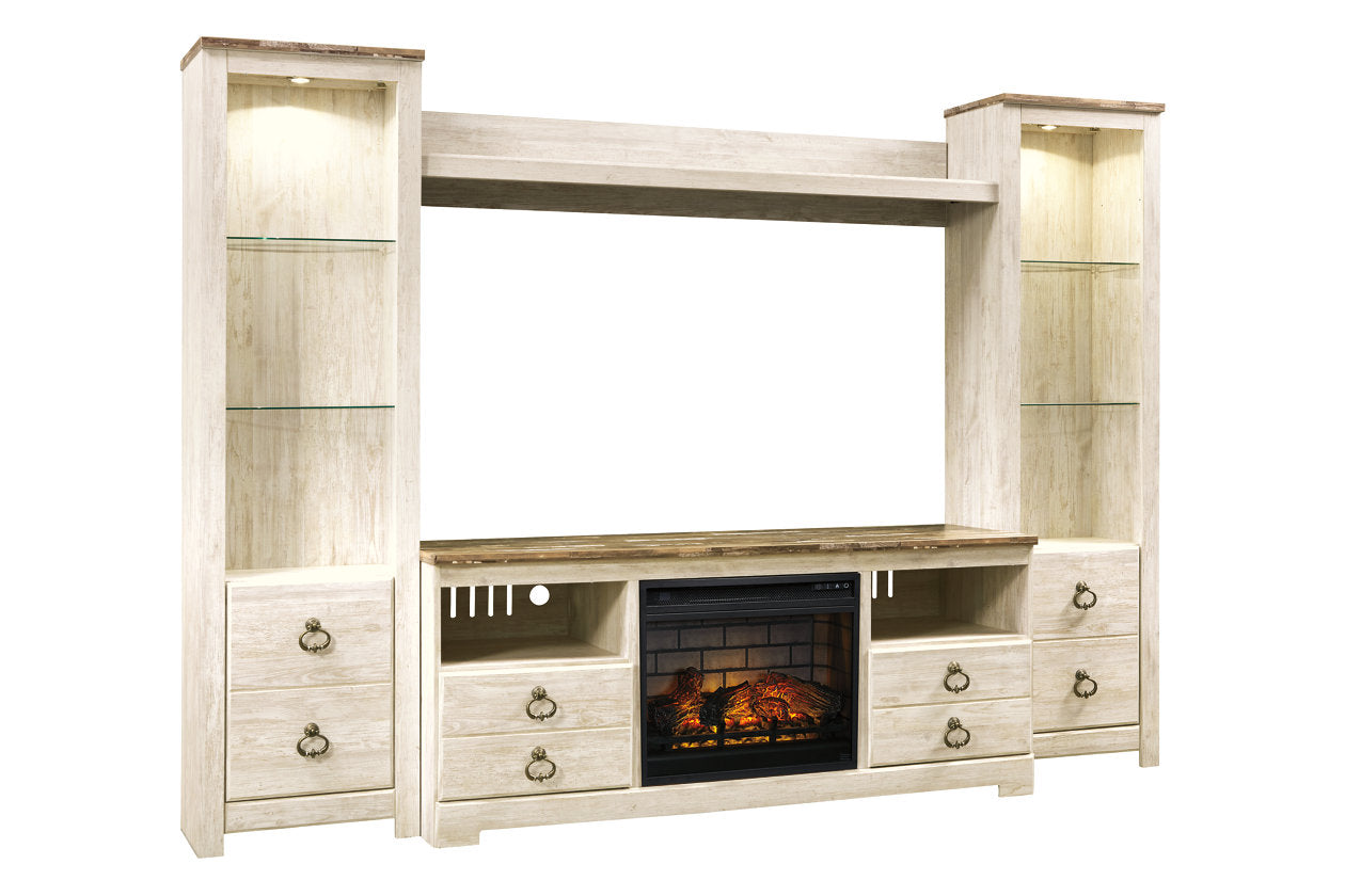 Willowton Whitewash 4-Piece Entertainment Center with Electric Fireplace from Ashley - Luna Furniture