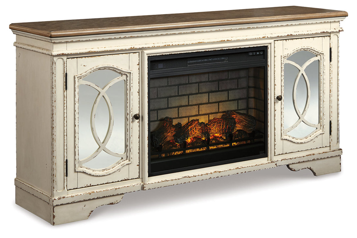 Realyn Chipped White 74" TV Stand with Electric Fireplace from Ashley - Luna Furniture