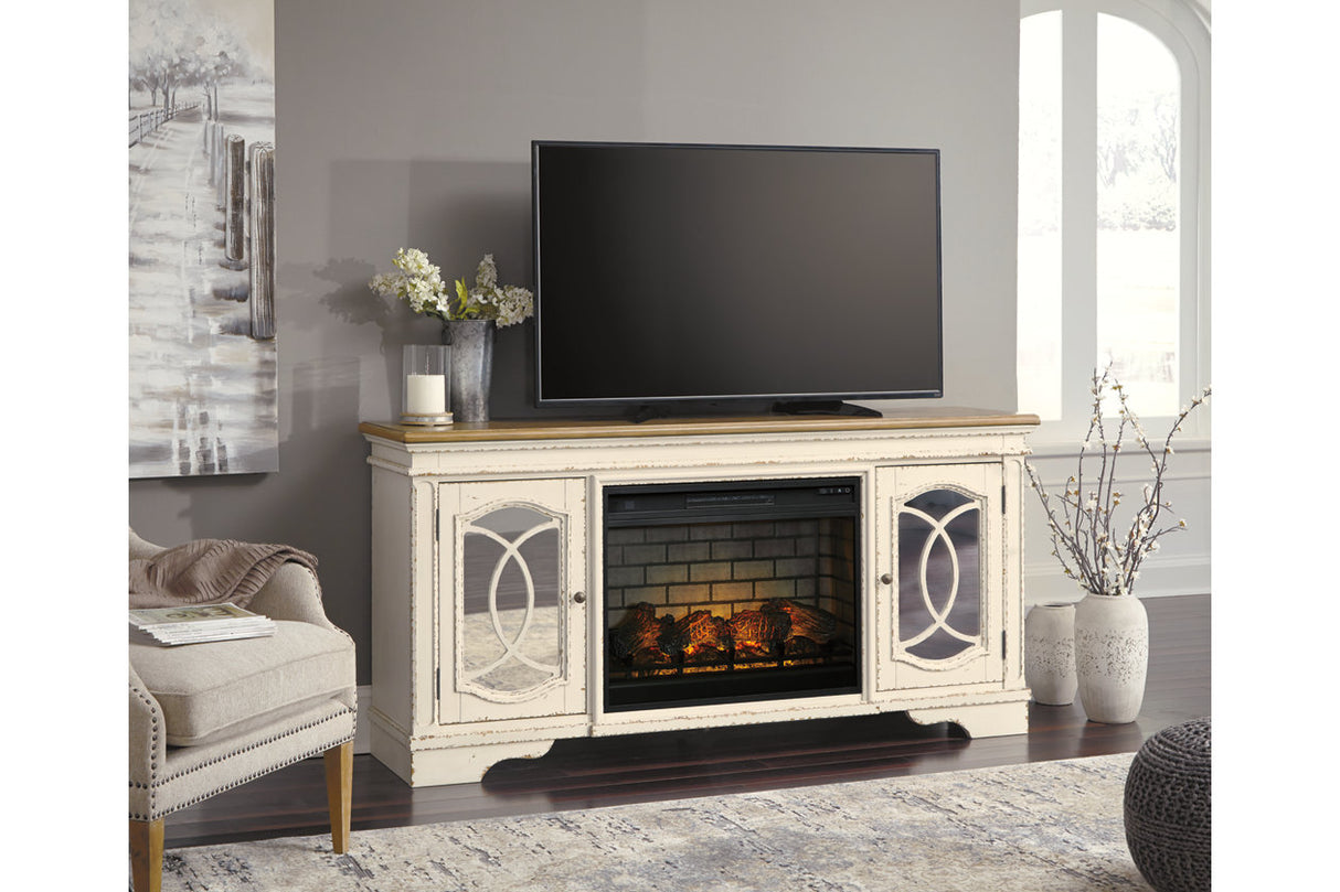 Realyn Chipped White 74" TV Stand with Electric Fireplace from Ashley - Luna Furniture