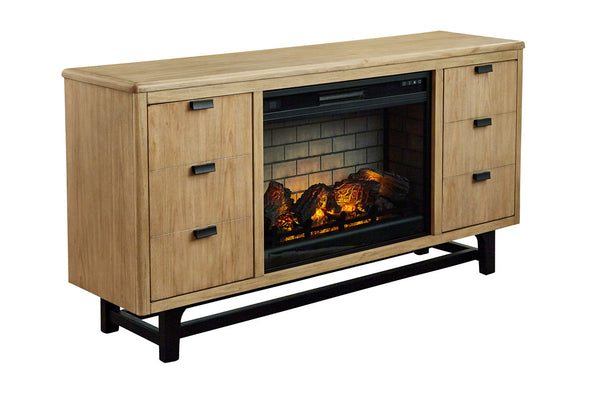 Freslowe Light Brown/Black TV Stand with Electric Fireplace