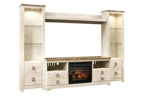 Willowton Whitewash 4-Piece Entertainment Center with Electric Fireplace from Ashley - Luna Furniture