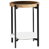 Adhvik Natural and Black Round Accent Table with Marble Shelf from Coaster - Luna Furniture