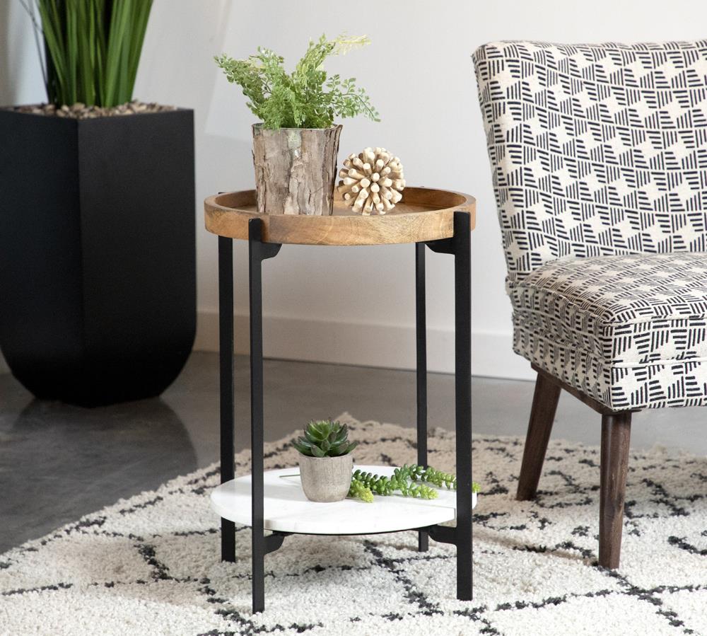 Adhvik Natural and Black Round Accent Table with Marble Shelf from Coaster - Luna Furniture