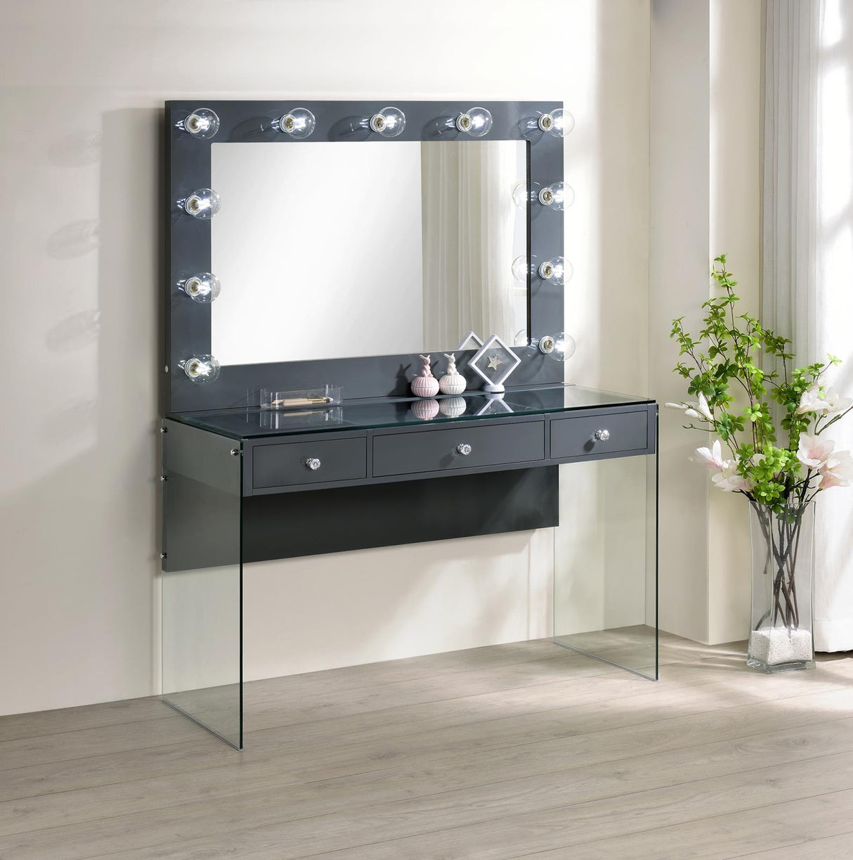 Afshan Gray High Gloss 3-Drawer Vanity Desk with Lighting Mirror from Coaster - Luna Furniture
