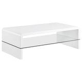Airell White High Gloss Rectangular Coffee Table with Glass Shelf from Coaster - Luna Furniture