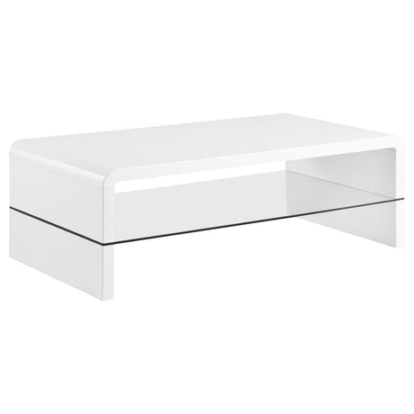 Airell White High Gloss Rectangular Coffee Table with Glass Shelf from Coaster - Luna Furniture