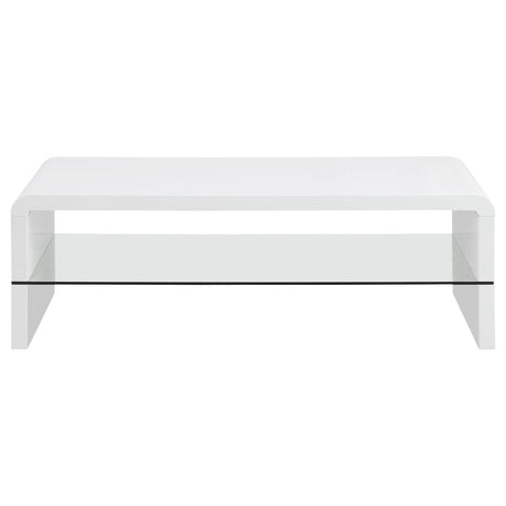 Airell White High Gloss Rectangular Coffee Table with Glass Shelf from Coaster - Luna Furniture