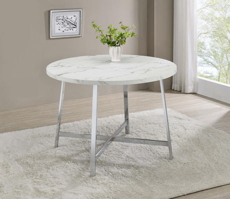 Alcott Round Faux Carrara Marble Top Dining Table Chrome - 120400 - Luna Furniture