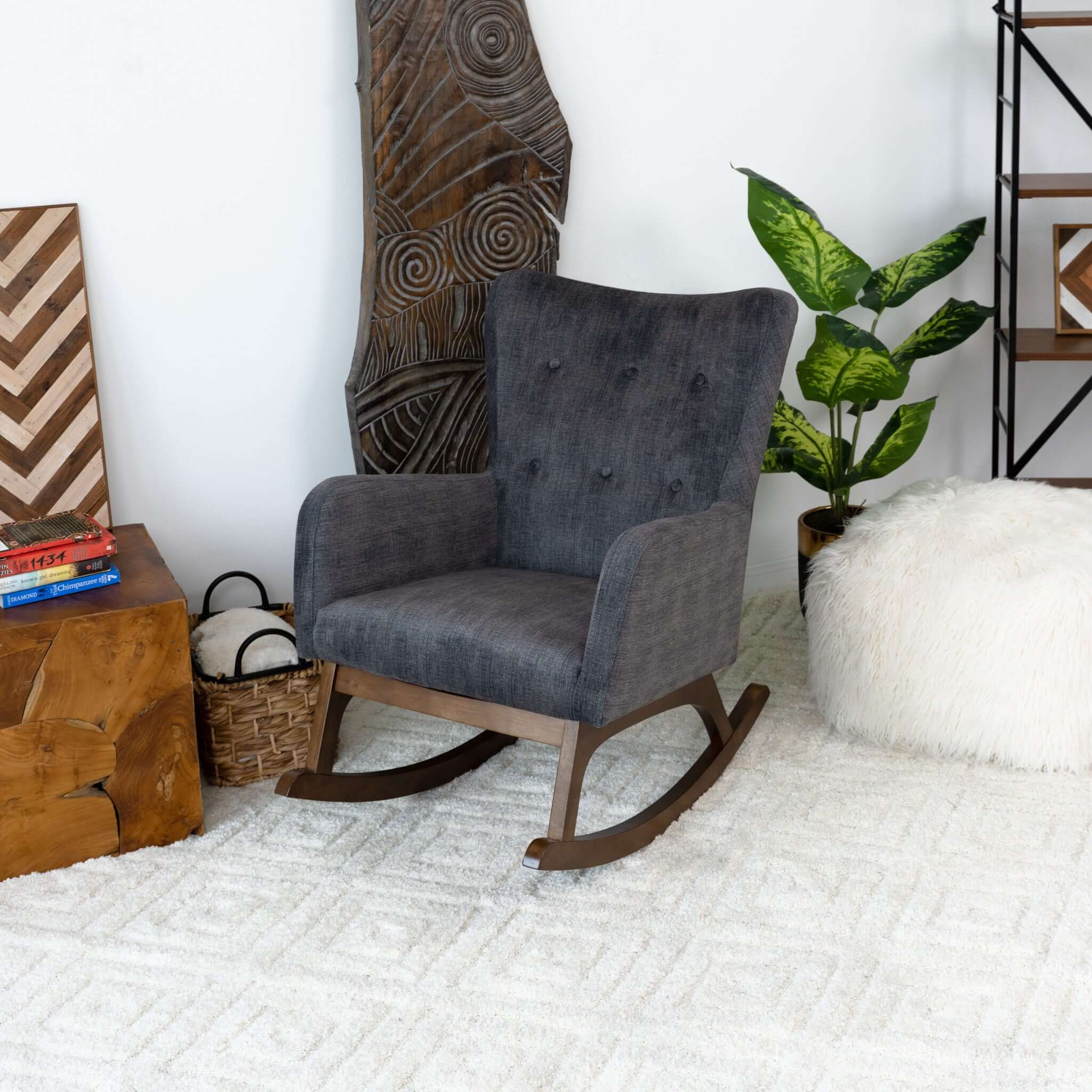 Alistair Grey Linen Solid Wood Rocking Chair from Midinmod - Luna Furniture