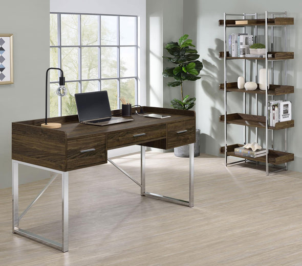 Angelica 3-drawer Writing Desk Walnut and Chrome - 801492 - Luna Furniture