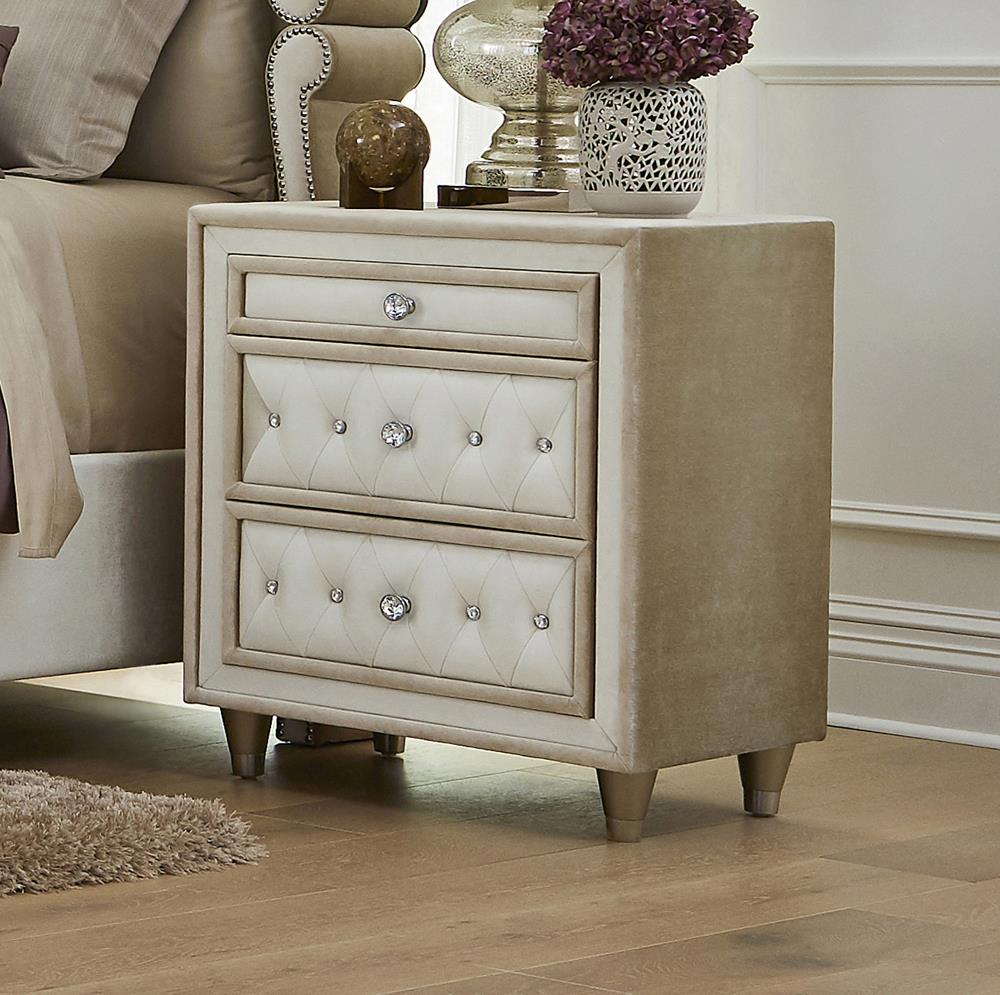 Antonella Ivory and Camel Upholstered 3-Drawer Nightstand from Coaster - Luna Furniture