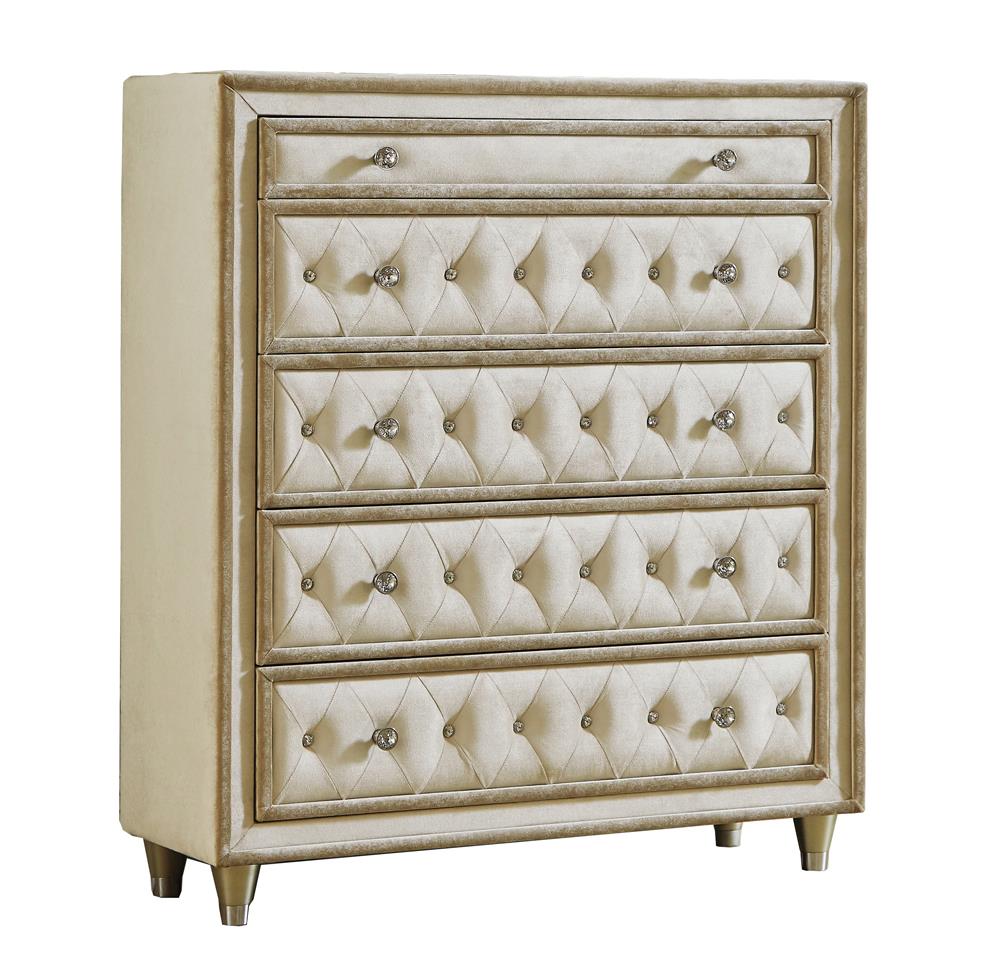 Antonella Ivory and Camel Upholstered 5-Drawer Chest from Coaster - Luna Furniture