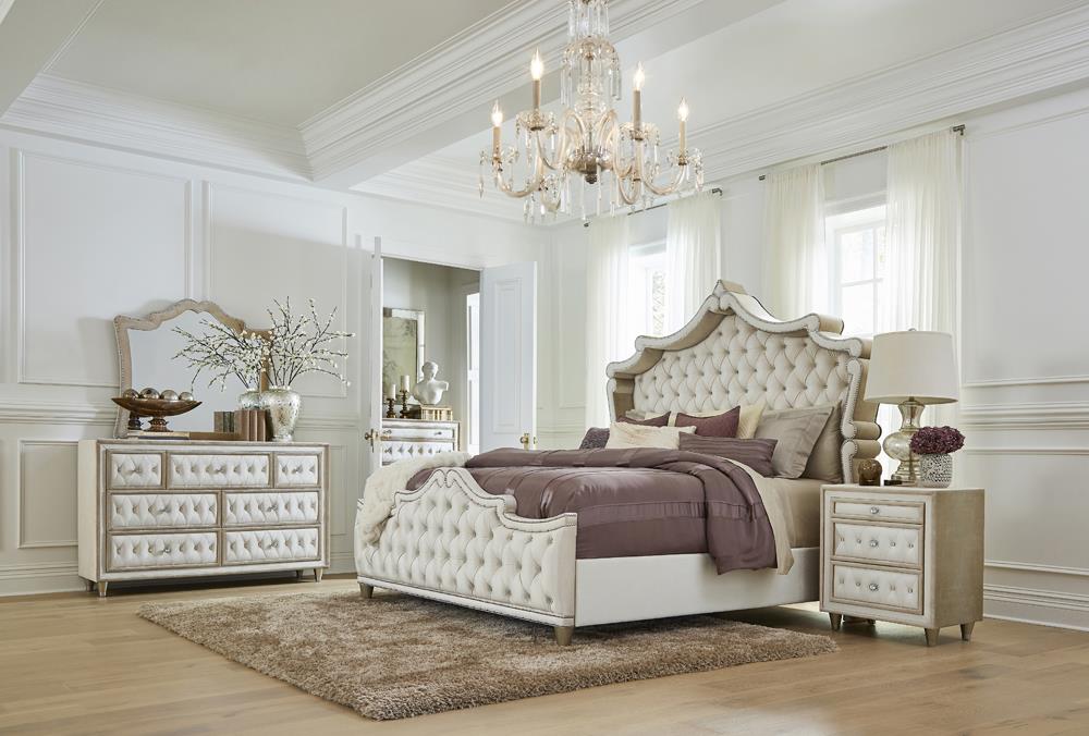 Antonella Upholstered Tufted Queen Bed Ivory and Camel - 223521Q - Luna Furniture