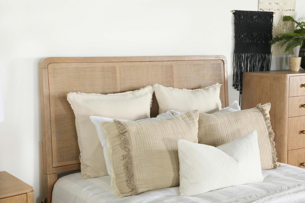 Arini Sand Wash and Natural Cane Upholstered Queen Panel Bed from Coaster - Luna Furniture