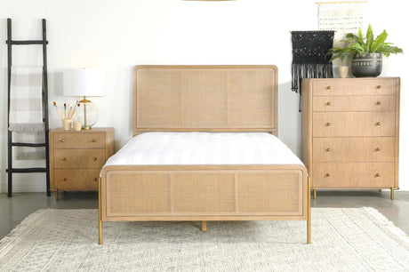 Arini Sand Wash and Natural Cane Upholstered Queen Panel Bed from Coaster - Luna Furniture
