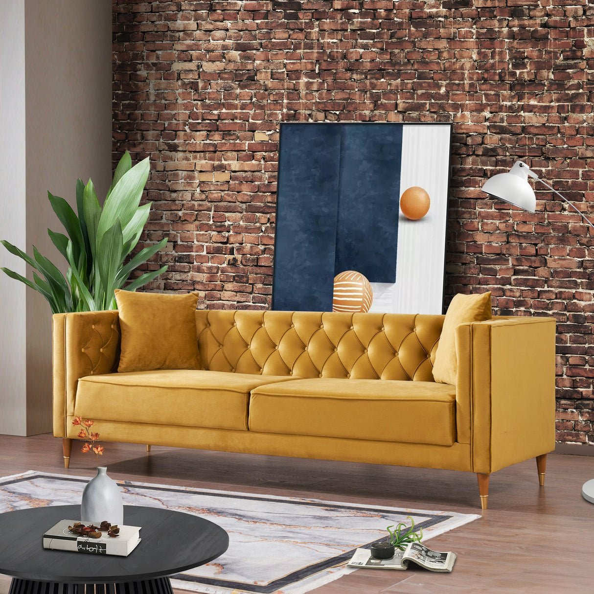 Autumn Mid-Century Modern  Yellow Mustard Velvet Sofa - AFC01881 - Luna Furniture