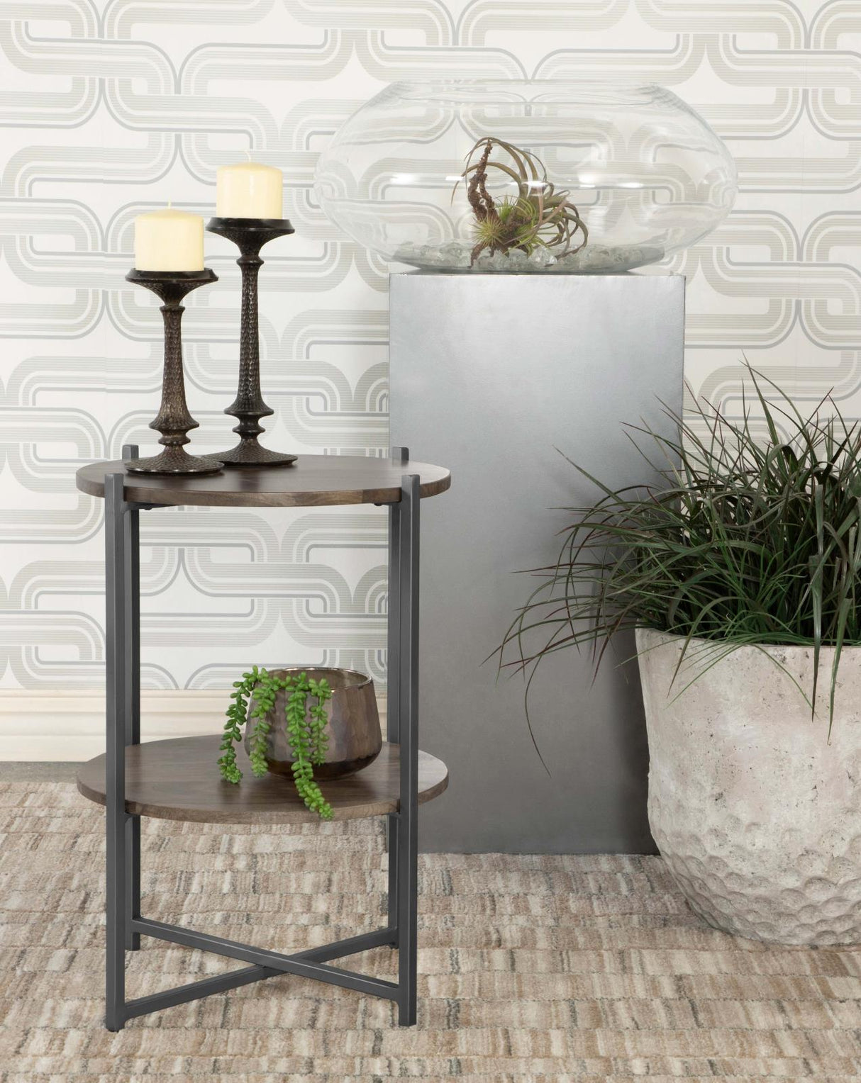 Axel Natural and Gunmetal Round Accent Table with Open Shelf from Coaster - Luna Furniture