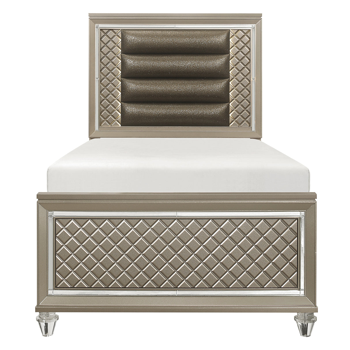Loudon Champagne twin platform bed, front view with mirrored footboard and upholstered headboard