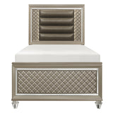 Loudon Champagne twin platform bed, front view with mirrored footboard and upholstered headboard