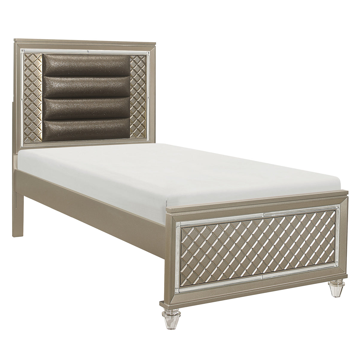 Loudon Champagne twin platform bed, mirrored panels and acrylic feet, three-quarter view