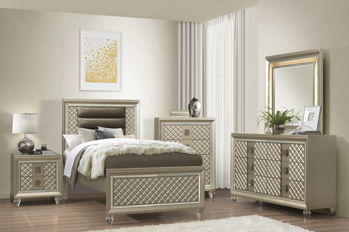 Loudon Champagne bedroom set with twin bed, dresser, mirror and nightstand, glam metallic finish