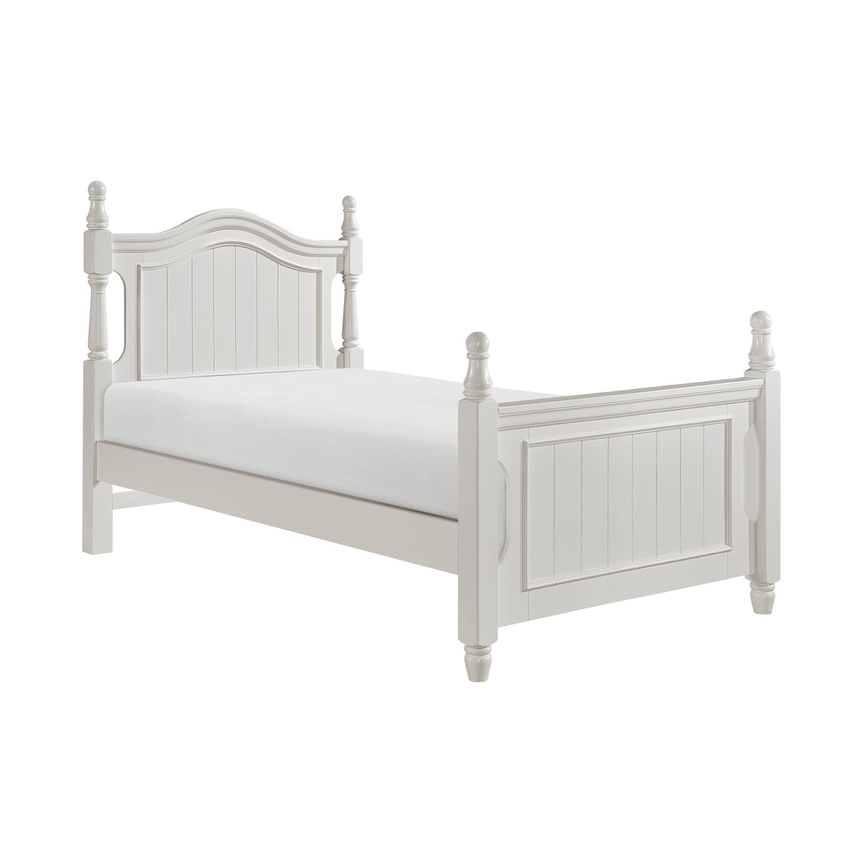 Clementine White Twin Platform Bed, side angle with bead-board panels and turned posts