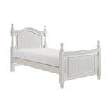 Clementine White Twin Platform Bed, side angle with bead-board panels and turned posts