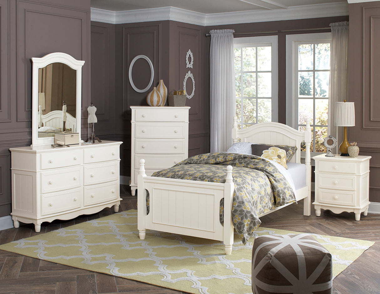 Clementine White Twin Platform Bed in bedroom setting, classic bead-board details and white finish